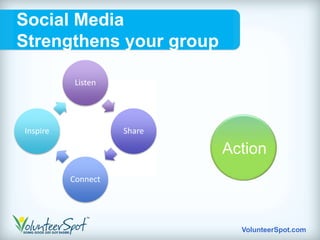 Social Media
Strengthens your group

           Listen




Inspire             Share

                            Action
          Connect




                              VolunteerSpot.com
 