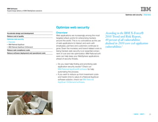 IBM Software
Supercharge delivery of IBM WebSphere solutions

                                                                                                                             Optimize web security > Overview




                                                   Optimize web security
Accelerate design and development                  Overview                                                 According to the IBM X-Force®
                                                   Web applications are increasingly among the most
Reduce cost of quality
                                                   targeted attack points for enterprising hackers
                                                                                                            2010 Trend and Risk Report,
Optimize web security
                                                   around the world. This is no coincidence as the use      49 percent of all vulnerabilities
●   Overview
●   IBM Rational AppScan
                                                   of web applications to interact and work with            disclosed in 2010 were web application
                                                   employees, partners and customers continues to
●   IBM Rational AppScan OnDemand
                                                   grow. Given the monetary and brand-related costs to
                                                                                                            vulnerabilities.6
Reduce web compliance costs
                                                   being hacked, web security is an essential compo-
Reduce software deployment and operational costs   nent of cost and risk optimization. IBM Rational soft-
                                                   ware can help keep your WebSphere applications
                                                   ahead of security threats.

                                                   ●   Do you need help ﬁnding and prioritizing web
                                                       application security issues? Check out
                                                       IBM Rational AppScan® software for help
                                                       automating the process.
                                                   ●   If you want to reduce up-front investment costs
                                                       and hasten time to value of a Rational AppScan
                                                       software solution, check out IBM Rational
                                                       AppScan OnDemand software.




                                                                                                                                      «   BACK   |   NEXT   »   23
 