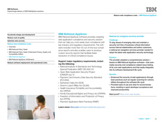 IBM Software
Supercharge delivery of IBM WebSphere solutions

                                                                                                                            Reduce web compliance costs > IBM Rational AppScan




Accelerate design and development                              IBM Rational AppScan
                                                               IBM Rational AppScan software provides a leading      National air navigation services provider
Reduce cost of quality
                                                               web application compliance and security solution      Challenge
Optimize web security
                                                               that can help you more easily track compliance with   To stay ahead of emerging risks and maintain a
Reduce web compliance costs
                                                               key industry and regulatory requirements. The soft-   security-rich ﬂow of business-critical information
●   Overview                                                                                                         across internal stakeholders and airline customers,
                                                               ware includes more than 40 out-of-the-box compli-
●   IBM Rational Policy Tester                                                                                       a national air navigation services provider needed to
                                                               ance reports and also enables users to produce
●   IBM Rational Policy Tester OnDemand Privacy, Quality and                                                         adopt the latest web application security technology.
    Accessibility Edition
                                                               custom security reports that facilitate faster
●   IBM Rational AppScan
                                                               resolution of critical compliance issues.
                                                                                                                     Solution
●   IBM Rational AppScan OnDemand                                                                                    The provider adopted a comprehensive solution—
                                                               Support major regulatory requirements, includ-
Reduce software deployment and operational costs                                                                     based on IBM Rational AppScan software—that auto-
                                                               ing the following:                                    mates security and compliance-related issue testing
                                                               ● National Institute of Standards and Technology      of its core web applications and that easily integrates
                                                                 Special Publication (NIST SP) 800-53                into its software development life cycle.
                                                               ● Open Web Application Security Project
                                                                 (OWASP) top 10                                      Beneﬁts
                                                               ● Payment Card Industry Data Security Standard        ●   Enhanced the security of web applications through
                                                                 (PCI DSS)                                               best practices such as regular scanning for vulnera-
                                                               ● Sarbanes-Oxley Act (SOX)                                bilities throughout the software life cycle
                                                               ● Gramm-Leach-Bliley Act (GLBA)
                                                                                                                     ●   Provided ease of use and clear ﬁx recommenda-
                                                                                                                         tions, resulting in quick developer acceptance and
                                                               ● Health Insurance Portability and Accountability
                                                                                                                         improved productivity
                                                                 Act (HIPAA)
                                                               ● Family Educational Rights and Privacy Act (FERPA)   Want proof? Read more case studies.
                                                               ● Freedom of Information and Protection of Privacy
                                                                 Act (FIPPA)
                                                               ● Payment Application Best Practices (PABP)

                                                               Learn more: ibm.com/software/awdtools/appscan/




                                                                                                                                                         «   BACK   |   NEXT   »   29
 