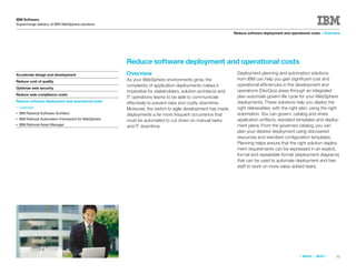IBM Software
Supercharge delivery of IBM WebSphere solutions

                                                                                                             Reduce software deployment and operational costs > Overview




                                                      Reduce software deployment and operational costs
Accelerate design and development                     Overview                                                Deployment planning and automation solutions
                                                      As your WebSphere environments grow, the                from IBM can help you gain signiﬁcant cost and
Reduce cost of quality
                                                      complexity of application deployments makes it          operational efficiencies in the development and
Optimize web security
                                                      imperative for stakeholders, solution architects and    operations (DevOps) areas through an integrated
Reduce web compliance costs
                                                      IT operations teams to be able to communicate           plan-automate-govern life cycle for your WebSphere
Reduce software deployment and operational costs                                                              deployments. These solutions help you deploy the
                                                      effectively to prevent risks and costly downtime.
●   Overview                                          Moreover, the switch to agile development has made      right deliverables, with the right plan, using the right
●   IBM Rational Software Architect                   deployments a far more frequent occurrence that         automation. You can govern, catalog and share
●   IBM Rational Automation Framework for WebSphere   must be automated to cut down on manual tasks           application artifacts, standard templates and deploy-
●   IBM Rational Asset Manager                        and IT downtime.                                        ment plans. From the governed catalog, you can
                                                                                                              plan your desired deployment using discovered
                                                                                                              resources and standard conﬁguration templates.
                                                                                                              Planning helps ensure that the right solution deploy-
                                                                                                              ment requirements can be expressed in an explicit,
                                                                                                              formal and repeatable format (deployment diagrams)
                                                                                                              that can be used to automate deployment and free
                                                                                                              staff to work on more value-added tasks.




                                                                                                                                                 «   BACK   |   NEXT   »   31
 