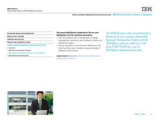 IBM Software
Supercharge delivery of IBM WebSphere solutions

                                                                       Reduce software deployment and operational costs > IBM Rational Automation Framework for WebSphere




Accelerate design and development                     Decrease WebSphere Application Server and                 An IBM business value assessment for a
                                                      WebSphere Portal software downtime.
Reduce cost of quality
                                                      ●Gain fast rollback with a conﬁguration change            ﬁnancial services company found that
Optimize web security
                                                       management repository that maintains a history of        Rational Automation Framework for
Reduce web compliance costs
Reduce software deployment and operational costs
                                                       deployment steps.                                        WebSphere software could save it at
                                                      ●Hasten resolution of environment differences with
●   Overview                                           tools that help users visually compare settings in
                                                                                                                least US$276,000 per year in
●   IBM Rational Software Architect                    different environments.                                  WebSphere administration time.
●   IBM Rational Automation Framework for WebSphere
●   IBM Rational Asset Manager                        Learn more: ibm.com/software/rational/products/
                                                      buildforge/framework/




                                                                                                                                                  «   BACK   |   NEXT   »   35
 
