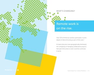 Supercharge Your Creative Workflow |
WHAT'S CHANGING?
Over 37% of American workers participate in some
degree of telecommuting as part of their jobs.6
As teams become more geographically distributed,
the complexity of managing collaborative projects
that span time zones or even countries continues
to grow.
Remote work is
on the rise.
15
 