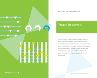 Supercharge Your Creative Workflow |
FUTURE OF WORKFLOW
You're in control.
With increased marketing spending and reliance
on cloud computing and data-driven decision-
making becoming the new normal, teams are in the
driver’s seat when it comes to choosing the solution
that fits their needs. More than ever, vendors are
working hard to get their products in front of
potential customers and compete for their tech
investment.
25
 