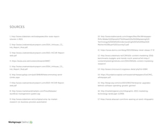 1. http://www.slideshare.net/sodaspeaks/the-soda-report-
volume-1-2015
2. http://www.creativeindustryreport.com/2014_InHouse_CS_
Ind_Report_final.pdf
3. http://www.creativeindustryreport.com/2015-IHCSIR-Report-
web.pdf
4. https://www.ana.net/content/show/id/26957
5. http://www.creativeindustryreport.com/2014_InHouse_CS_
Ind_Report_final.pdf
6. http://www.gallup.com/poll/184649/telecommuting-work-
climbs.aspx
7. http://www.creativeindustryreport.com/2015-IHCSIR-Report-
web.pdf
8. http://www.marketsandmarkets.com/PressReleases/
workflow-management-system.asp
9. http://www.slideshare.net/comptia/comp-tia-market-
research-on-business-process-automation
SOURCES
10. http://www.walkersands.com/images/files/file/Whitepaper-
PDFs/Walker%20Sands%27%20State%20of%20Marketing%20
Technology%202016%20Understanding%20the%20New%20
Martech%20Buyer%20Journey!5.pdf
11. https://www.domo.com/blog/2015/08/data-never-sleeps-3-0/
12. http://www.slideshare.net/CMI/b2b-content-marketing-2016-
benchmarks-budgets-and-trends-north-america?ref=http://
contentmarketinginstitute.com/2015/09/b2b-content-marketing-
research/
13. http://www.cmocouncil.org/press-detail.php?id=5084
14. https://foundationcapital.com/assets/whitepapers/DotCMO_
whitepaper.pdf
15. http://blogs.wsj.com/cio/2015/08/27/enterprise-upgrades-
behind-software-spending-growth-gartner/
16. http://marketingland.com/infographic-2015-marketing-
technology-landscape-113956
17. https://www.atlassian.com/time-wasting-at-work-infographic
 