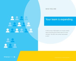 Supercharge Your Creative Workflow |Supercharge Your Creative Workflow |
WHO YOU ARE
A 2013 survey of 450 leaders of in-house creative
teams found that 31% of teams had 11 or more
members.2
By 2015, that number had jumped
to 42%.3
Your team is expanding.
7
 