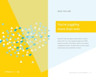 Supercharge Your Creative Workflow | 11
WHO YOU ARE
You're juggling
more than ever.
Research finds that approximately 50% of creative
teams with 11 or more people manage over 2000
projects annually.5
Only 56% of teams use a project
management system, but 83% claim to have at least
some process documentation in place.
 