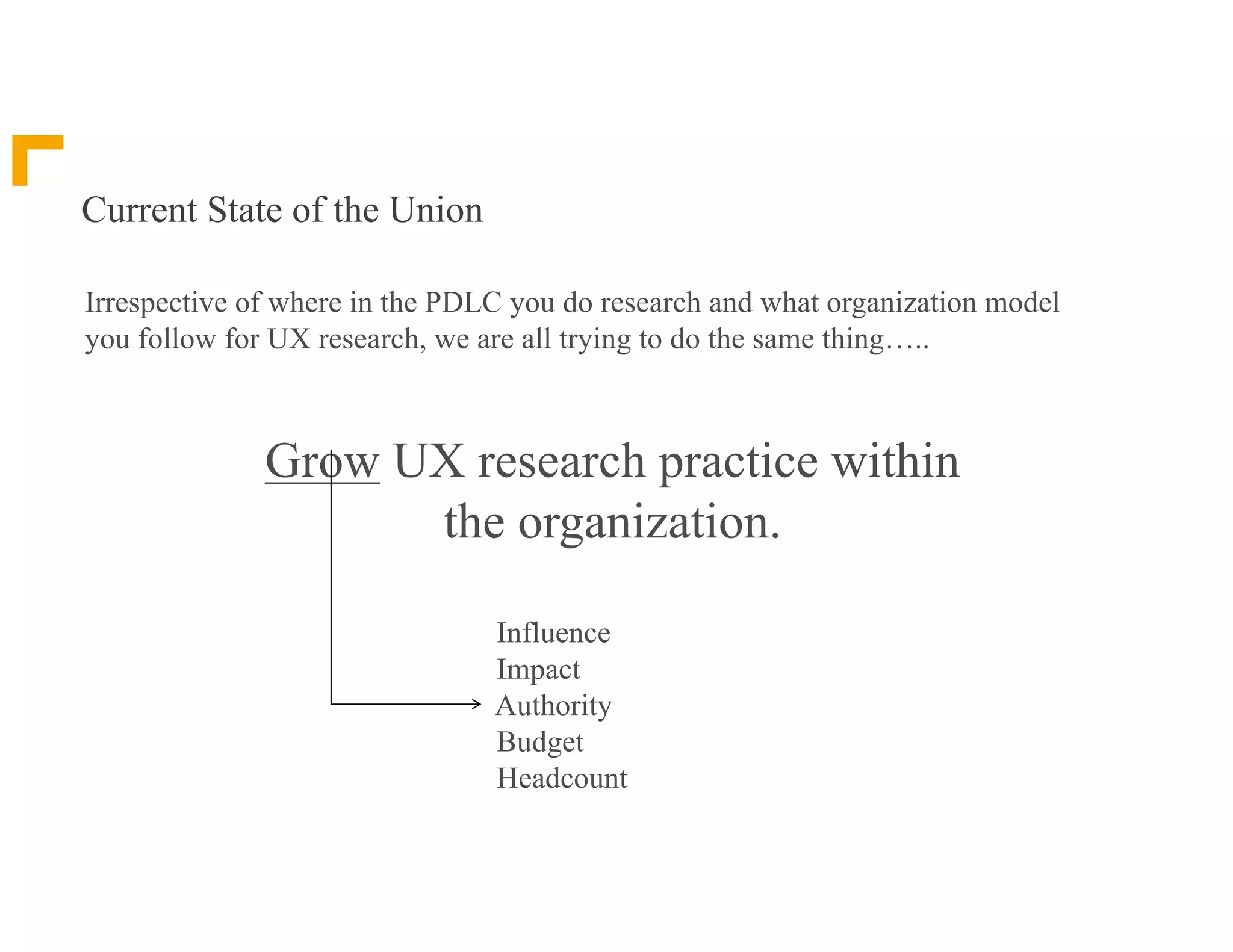 Current State of the Union
Irrespective of where in the PDLC you do research and what organization model
you follow for UX research, we are all trying to do the same thing…..
Grow UX research practice within
the organization.
Influence
Impact
Authority
Budget
Headcount
 