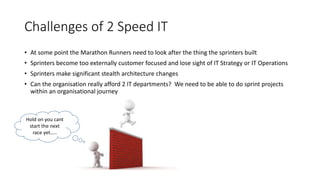 Hold on you cant
start the next
race yet…..
Challenges of 2 Speed IT
• At some point the Marathon Runners need to look after the thing the sprinters built
• Sprinters become too externally customer focused and lose sight of IT Strategy or IT Operations
• Sprinters make significant stealth architecture changes
• Can the organisation really afford 2 IT departments? We need to be able to do sprint projects
within an organisational journey
 