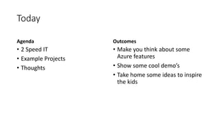 Today
Agenda
• 2 Speed IT
• Example Projects
• Thoughts
Outcomes
• Make you think about some
Azure features
• Show some cool demo’s
• Take home some ideas to inspire
the kids
 