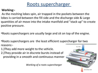 As the meshing lobes spin, air trapped in the pockets between the
lobes is carried between the fill side and the discharge side & Large
quantities of air move into the intake manifold and "stack up" to create
positive pressure.
•Roots superchargers are usually large and sit on top of the engine.
•Roots superchargers are the least efficient supercharger for two
reasons:-
1.)They add more weight to the vehicle.
2.)They provide air in discrete bursts instead of
providing in a smooth and continuous manner.
Working of a roots supercharger
Roots supercharger
Working:-
 