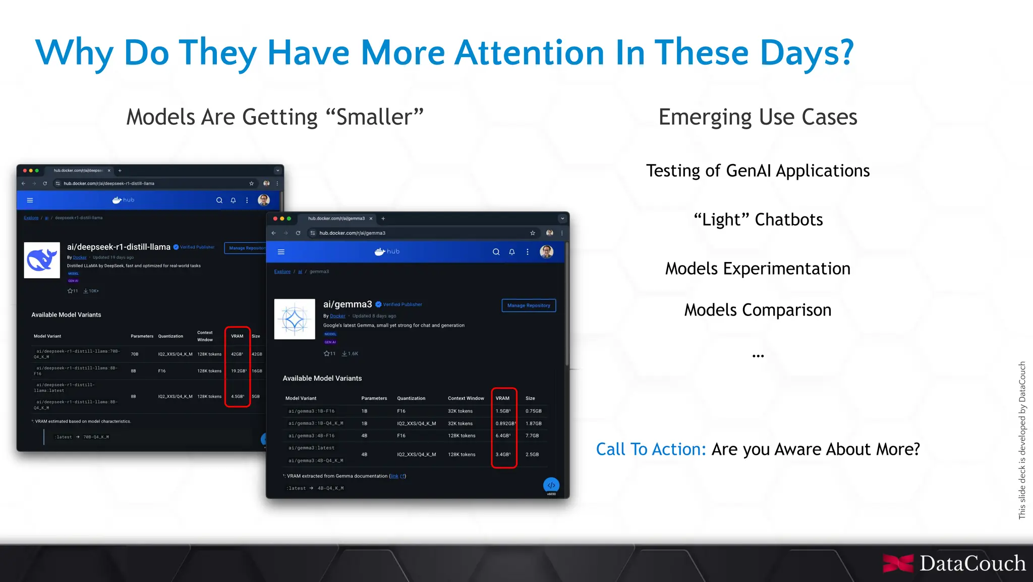 This
slide
deck
is
developed
by
DataCouch
Why Do They Have More Attention In These Days?
Models Are Getting “Smaller” Emerging Use Cases
Testing of GenAI Applications
“Light” Chatbots
Models Experimentation
Models Comparison
…
Call To Action: Are you Aware About More?
 