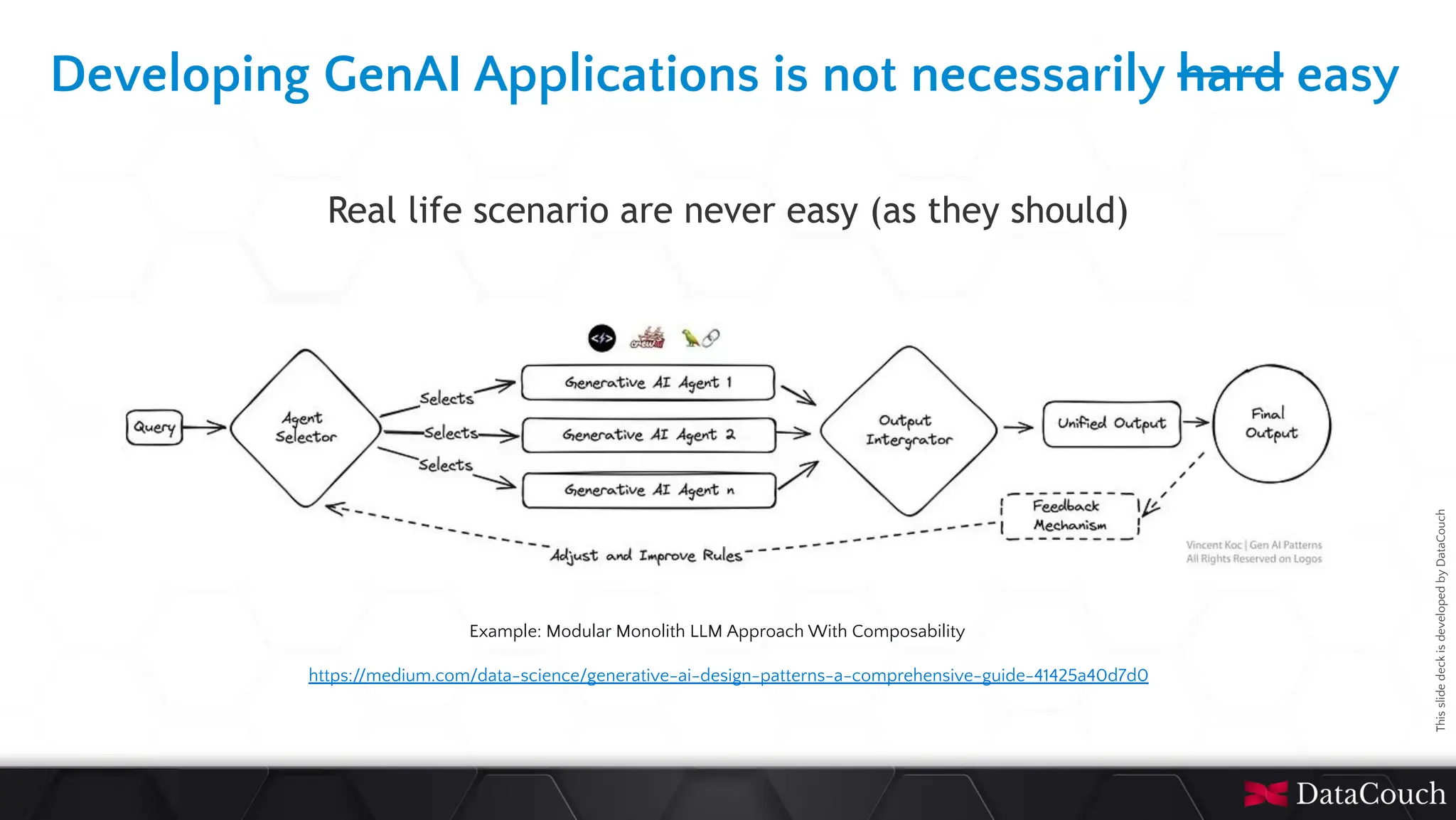 This
slide
deck
is
developed
by
DataCouch
Developing GenAI Applications is not necessarily hard easy
Example: Modular Monolith LLM Approach With Composability
https://medium.com/data-science/generative-ai-design-patterns-a-comprehensive-guide-41425a40d7d0
Real life scenario are never easy (as they should)
 