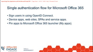 11
Slide
11
Supercharge Your Applications with the Microsoft Graph API | Tiago Costa | 13:15 – 14:30 - Day 2, Thursday 21 June
Follow us:
#O365ENGAGE17
Single authentication flow for Microsoft Office 365
• Sign users in using OpenID Connect.
• Device apps, web sites, SPAs and service apps.
• Pin apps to Microsoft Office 365 launcher (My apps).
 