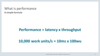 Copyright	©	2020, Oracle	and/or	its	affiliates.	All	rights	reserved.		|
What	is	performance
Performance	=	latency	x	throughput
10,000	work	units/s	=	10ms	x	100wu
A	simple	formula
19
 