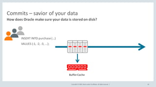 Copyright	©	2020, Oracle	and/or	its	affiliates.	All	rights	reserved.		|
Commits	– savior	of	your	data
How	does	Oracle	make	sure	your	data	is	stored	on	disk?
48
INSERT	INTO	purchase	(…)
VALUES	(:1,	:2,	:3,	…);
Buffer	Cache
 