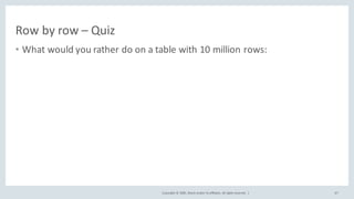 Copyright	©	2020, Oracle	and/or	its	affiliates.	All	rights	reserved.		|
Row	by	row	– Quiz
• What	would	you	rather	do	on	a	table	with	10	million	rows:
67
 