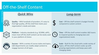 Off-the-Shelf	Content	
21
Quick	Wins	 Long-term	
Cost	–	Off-the-shelf	content	is	budget	friendly	
compared	to	custom	content	
	
	
	
Time	–	Off-the-shelf	content	enables	L&D	teams	
to	respond	quickly	to	changing	laws	and	
organizational	needs	
	
	
Scale	–	Built	for	the	cloud	with	a	wide	variety	of	
topics,	off-the-shelf	content	scales	up	with	
growing	organizations	and	keeps	pace	with	
changing	needs	
Quality	–	With	hundreds	of	providers,	it’s	easy	to	
find	high-quality,	off-the-shelf	that	meets	your	
organization’s	needs	and	styles	
	
	
Platform	–	Industry	standards	(e.g.	SCORM,	xAPI),	
mean	most	off-the-shelf	content	can	be	easily	used	
in	your	platform	of	choice	
	
	
Success	–	With	a	variety	of	course	styles	and	topics,	
L&D	departments	can	readily	adapt	content	to	
engage	learners	of	all	types	
Learning	is	changing…	
 