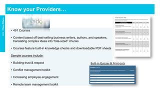 •  491 Courses
•  Content based off best-selling business writers, authors, and speakers,
translating complex ideas into “bite-sized” chunks
•  Courses feature built-in knowledge checks and downloadable PDF sheets
Sample courses include:
•  Building trust & respect
•  Conflict management toolkit
•  Increasing employee engagement
•  Remote team management toolkit
Know your Providers…
GO1	|	Three	Pillars…	
Built-in	Quizzes	&	Print-outs	
 