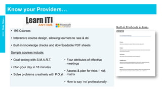 •  196 Courses
•  Interactive course design, allowing learners to ‘see & do’
•  Built-in knowledge checks and downloadable PDF sheets
Sample courses include:
•  Goal setting with S.M.A.R.T.
•  Plan your day in 18 minutes
•  Solve problems creatively with P.O.W.E.R.
Know your Providers…
GO1	|	Three	Pillars…	
•  Four attributes of effective
meetings
•  Assess & plan for risks – risk
matrix
•  How to say ‘no’ professionally
Built-in	Print-outs	as	take-
aways	
 
