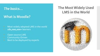 The	basics…	
What	is	Moodle?	
	
	
•  Most	widely	adopted	LMS	in	the	world			
•  162,000,000+	learners	
•  Open-source	LMS	
•  Community-Driven	
•  Best	to	be	deployed	by	experts	
The	Most	Widely	Used	
LMS	in	the	World	
 