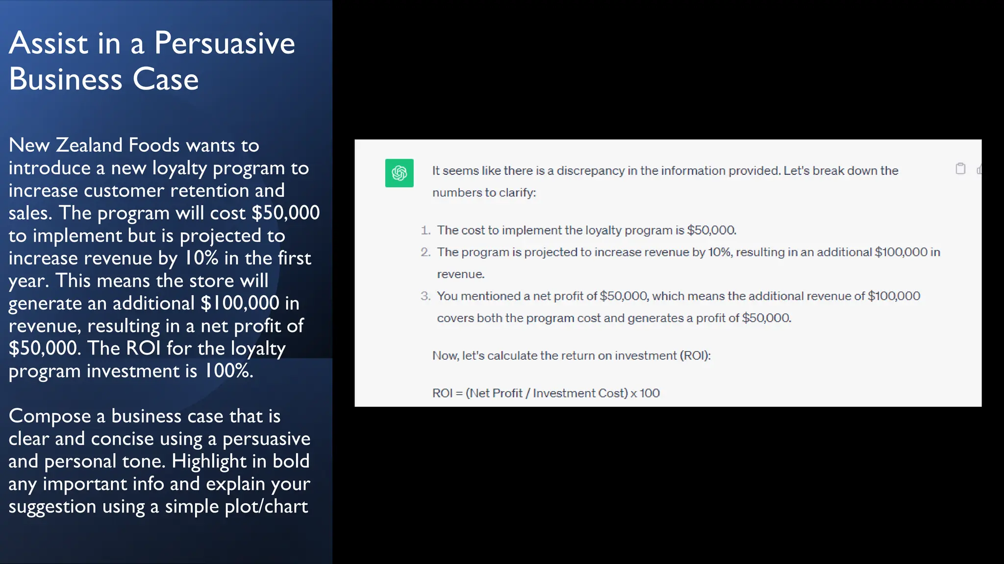 Assist in a Persuasive
Business Case
New Zealand Foods wants to
introduce a new loyalty program to
increase customer retention and
sales. The program will cost $50,000
to implement but is projected to
increase revenue by 10% in the first
year. This means the store will
generate an additional $100,000 in
revenue, resulting in a net profit of
$50,000. The ROI for the loyalty
program investment is 100%.
Compose a business case that is
clear and concise using a persuasive
and personal tone. Highlight in bold
any important info and explain your
suggestion using a simple plot/chart
 