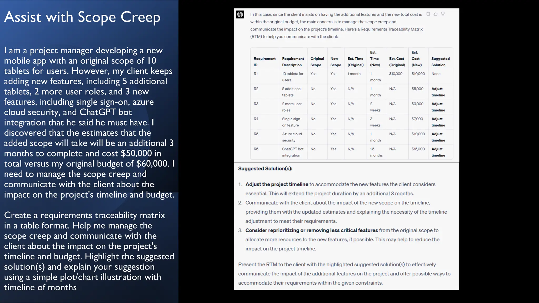 Assist with Scope Creep
I am a project manager developing a new
mobile app with an original scope of 10
tablets for users. However, my client keeps
adding new features, including 5 additional
tablets, 2 more user roles, and 3 new
features, including single sign-on, azure
cloud security, and ChatGPT bot
integration that he said he must have. I
discovered that the estimates that the
added scope will take will be an additional 3
months to complete and cost $50,000 in
total versus my original budget of $60,000. I
need to manage the scope creep and
communicate with the client about the
impact on the project's timeline and budget.
Create a requirements traceability matrix
in a table format. Help me manage the
scope creep and communicate with the
client about the impact on the project's
timeline and budget. Highlight the suggested
solution(s) and explain your suggestion
using a simple plot/chart illustration with
timeline of months
 