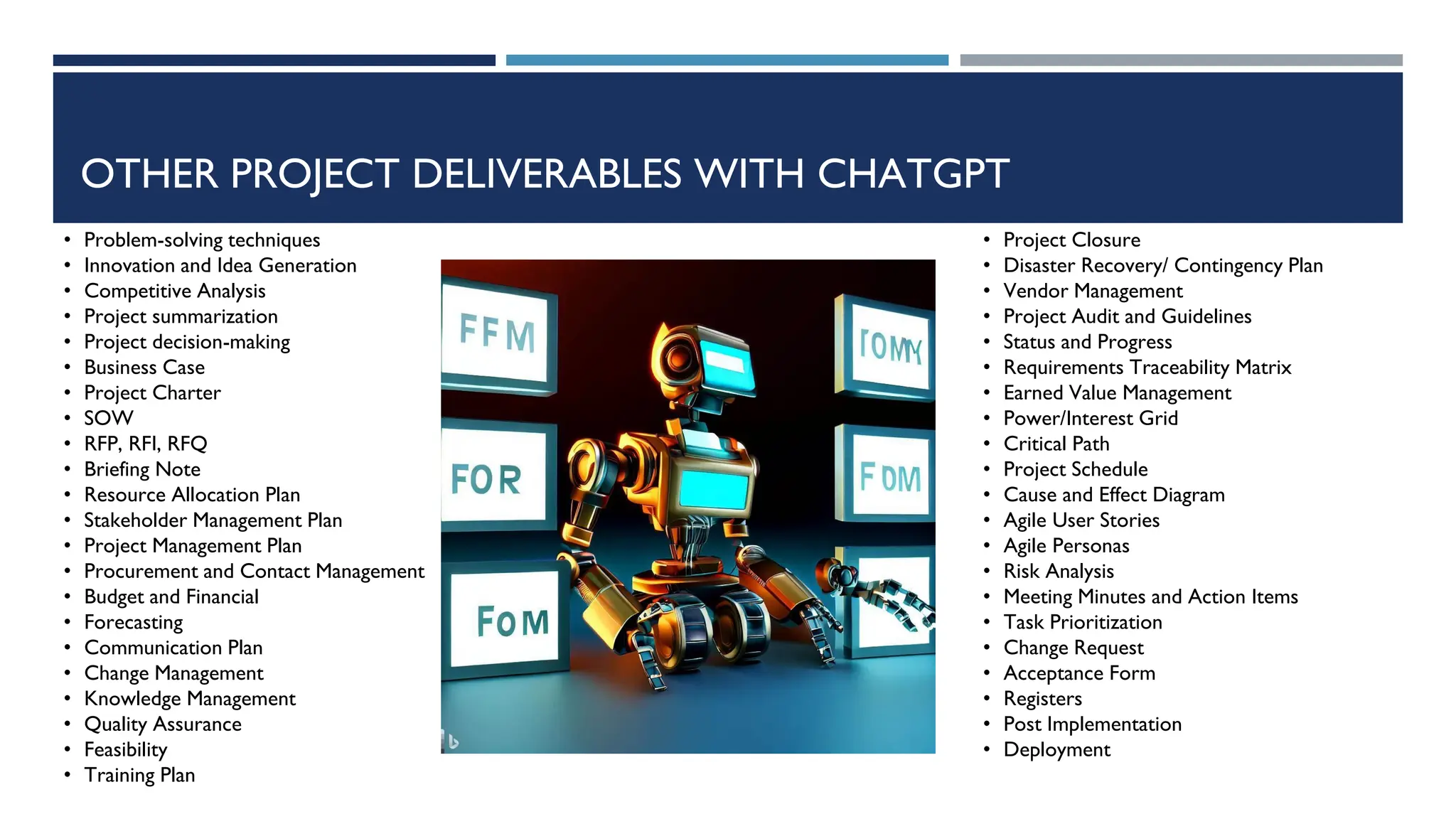• Problem-solving techniques
• Innovation and Idea Generation
• Competitive Analysis
• Project summarization
• Project decision-making
• Business Case
• Project Charter
• SOW
• RFP, RFI, RFQ
• Briefing Note
• Resource Allocation Plan
• Stakeholder Management Plan
• Project Management Plan
• Procurement and Contact Management
• Budget and Financial
• Forecasting
• Communication Plan
• Change Management
• Knowledge Management
• Quality Assurance
• Feasibility
• Training Plan
• Project Closure
• Disaster Recovery/ Contingency Plan
• Vendor Management
• Project Audit and Guidelines
• Status and Progress
• Requirements Traceability Matrix
• Earned Value Management
• Power/Interest Grid
• Critical Path
• Project Schedule
• Cause and Effect Diagram
• Agile User Stories
• Agile Personas
• Risk Analysis
• Meeting Minutes and Action Items
• Task Prioritization
• Change Request
• Acceptance Form
• Registers
• Post Implementation
• Deployment
OTHER PROJECT DELIVERABLES WITH CHATGPT
 