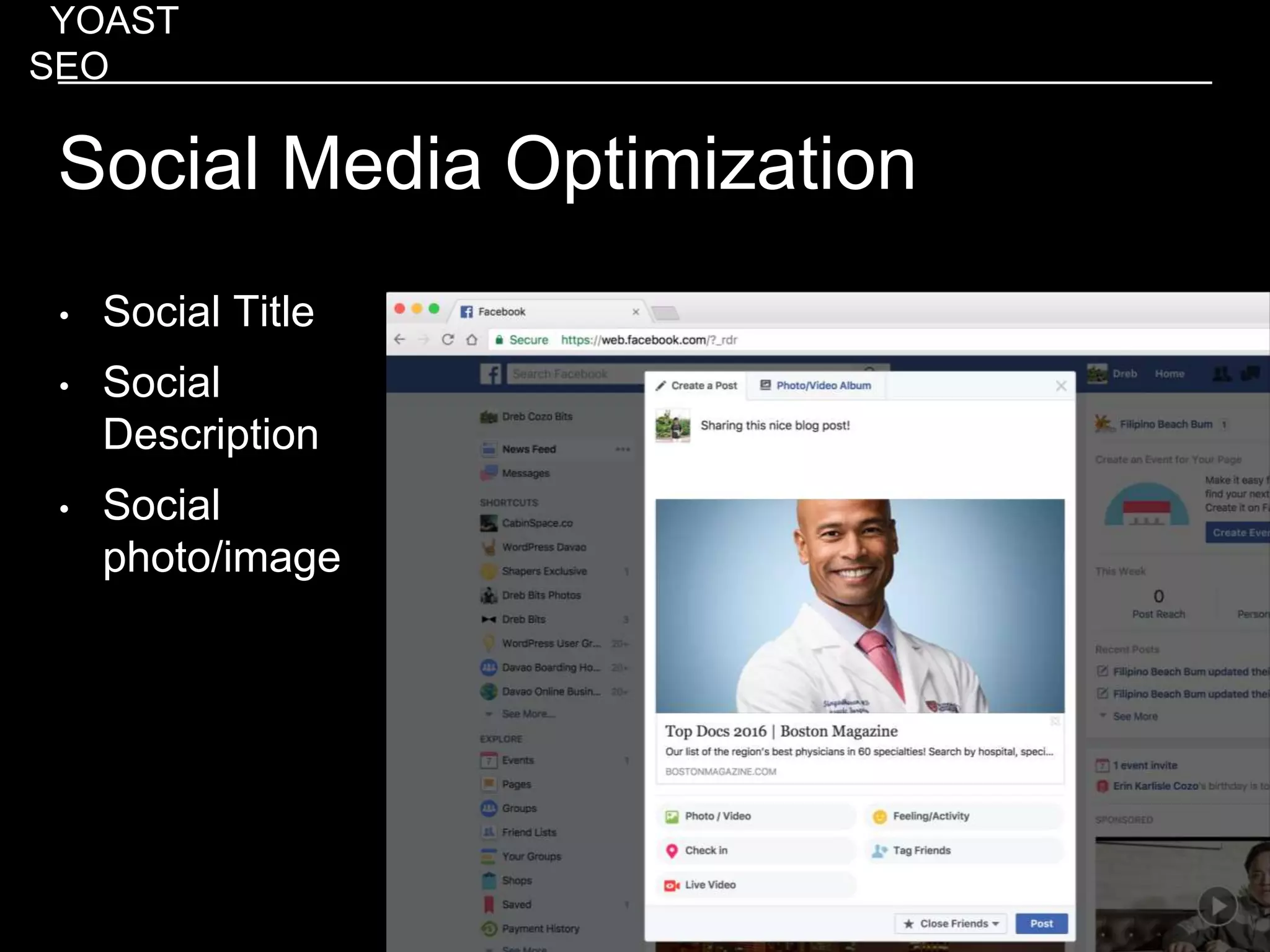 Social Media Optimization
YOAST
SEO
• Social Title
• Social
Description
• Social
photo/image
 