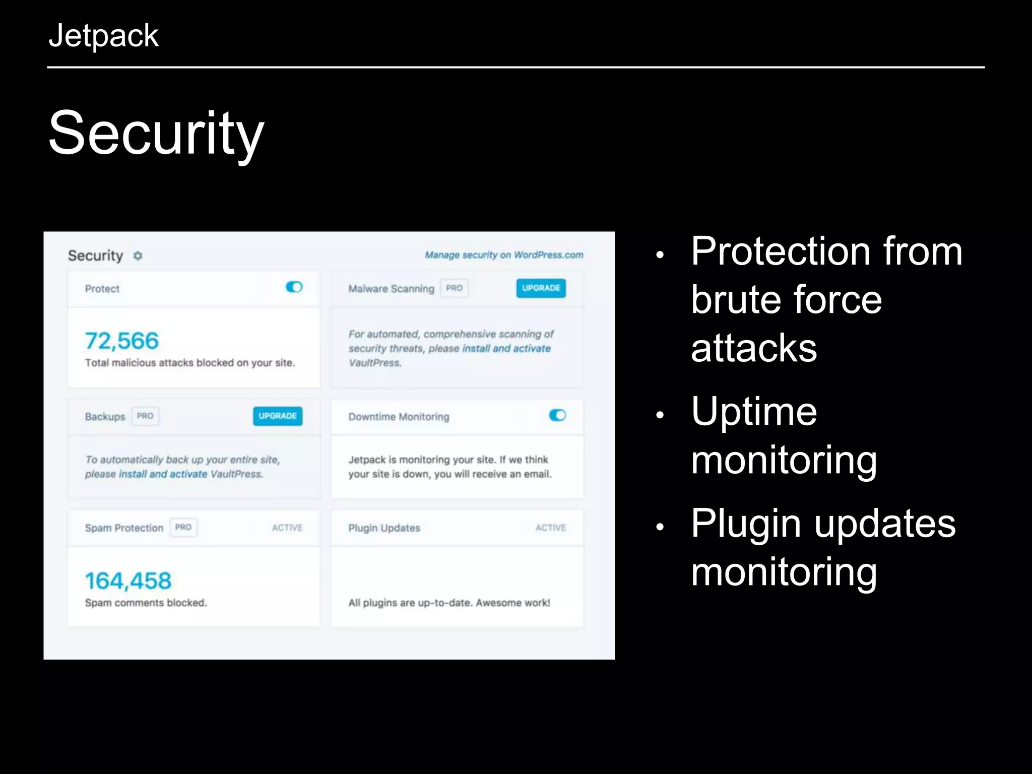 Security
Jetpack
• Protection from
brute force
attacks
• Uptime
monitoring
• Plugin updates
monitoring
 