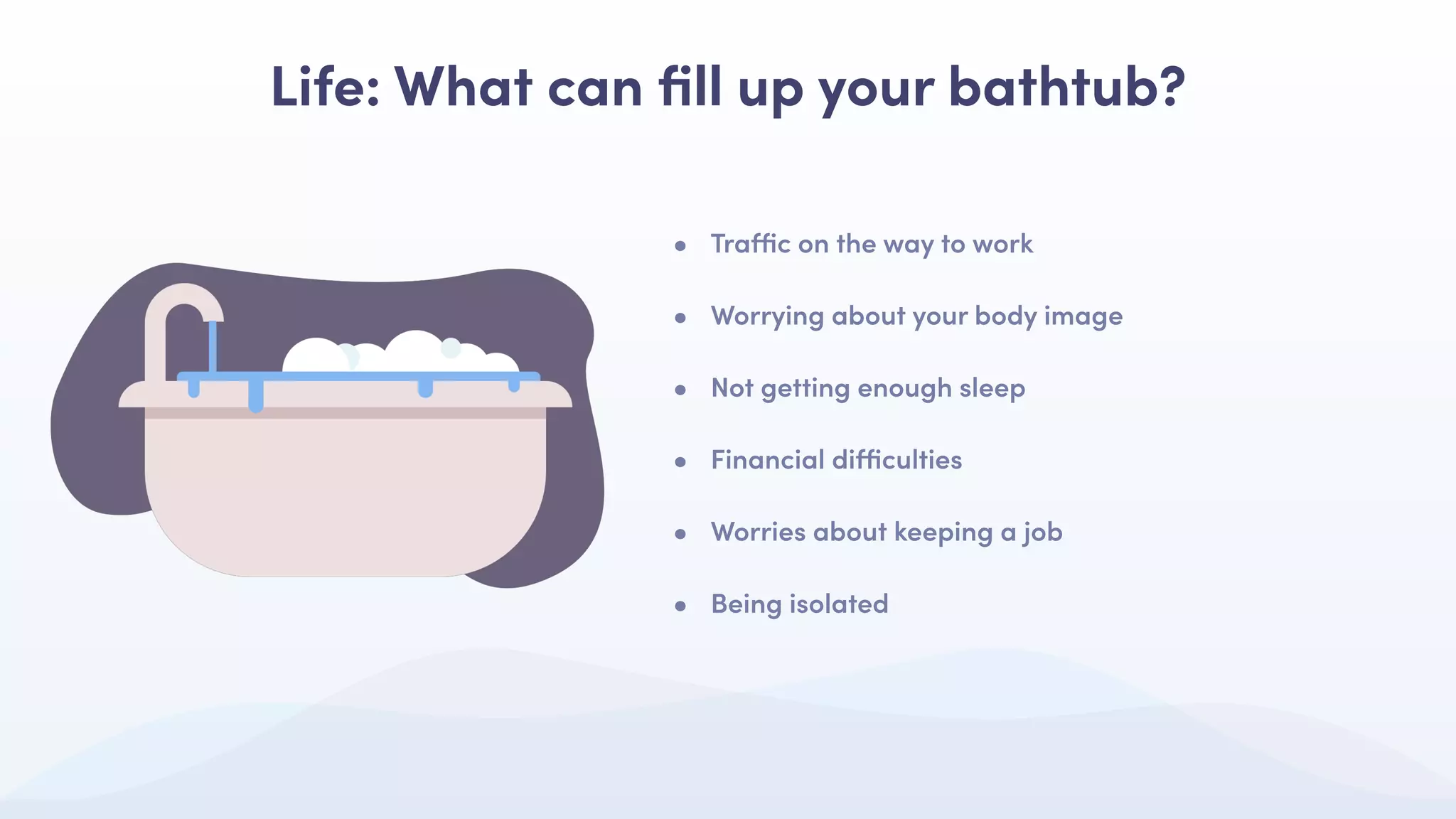 • Traﬃc on the way to work
• Worrying about your body image
• Not getting enough sleep
• Financial diﬃculties
• Worries about keeping a job
• Being isolated
Life: What can ﬁll up your bathtub?
 