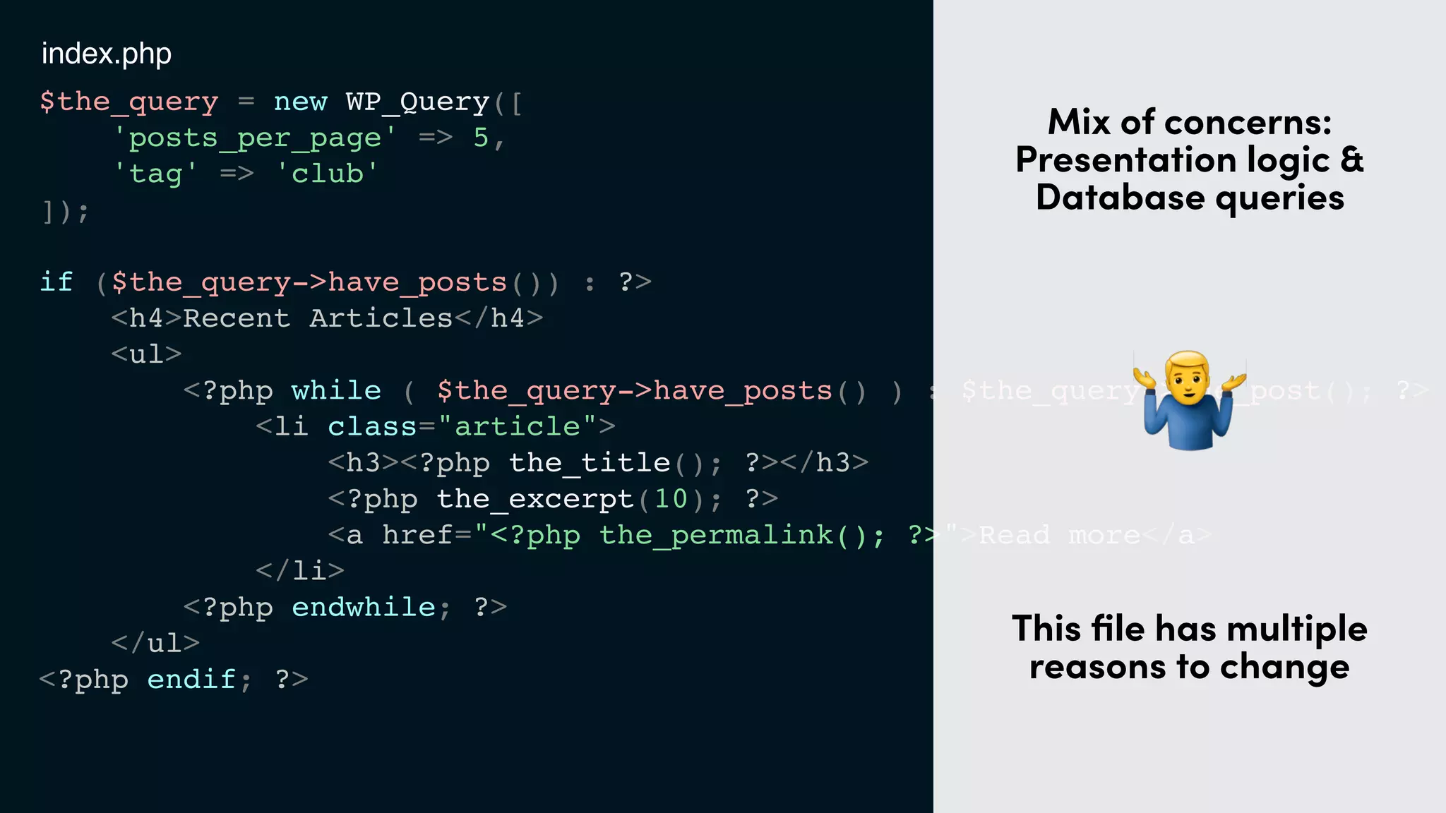 $the_query = new WP_Query([
'posts_per_page' => 5,
'tag' => 'club'
]);
if ($the_query->have_posts()) : ?>
<h4>Recent Articles</h4>
<ul>
<?php while ( $the_query->have_posts() ) : $the_query->the_post(); ?>
<li class="article">
<h3><?php the_title(); ?></h3>
<?php the_excerpt(10); ?>
<a href="<?php the_permalink(); ?>">Read more</a>
</li>
<?php endwhile; ?>
</ul>
<?php endif; ?>
t
Mix of concerns:
Presentation logic &
Database queries
"
This ﬁle has multiple
reasons to change
index.php
 