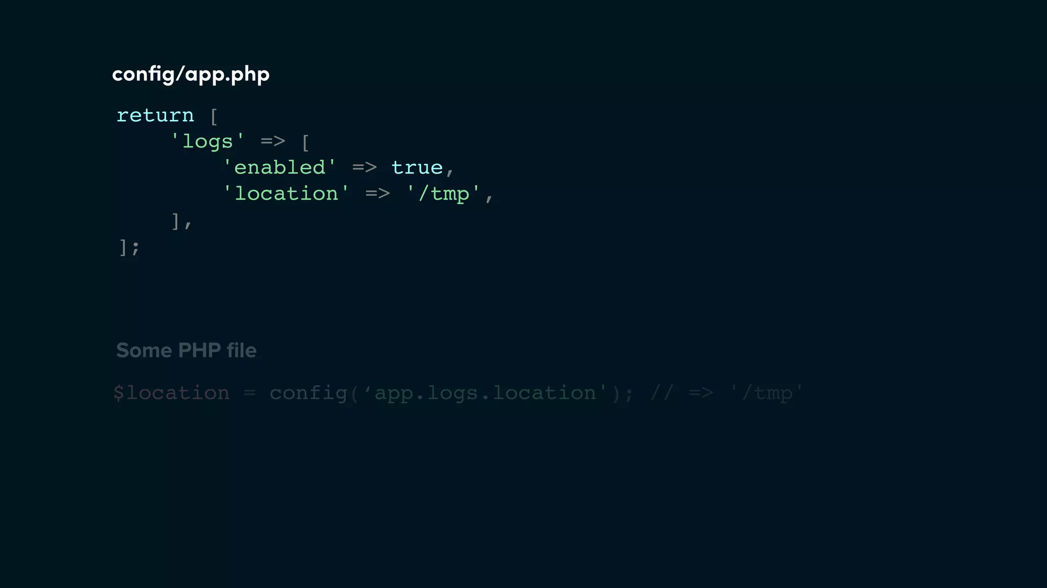 return [
'logs' => [
'enabled' => true,
'location' => '/tmp',
],
];
conﬁg/app.php
Some PHP ﬁle
$location = config(‘app.logs.location'); // => '/tmp'
 
