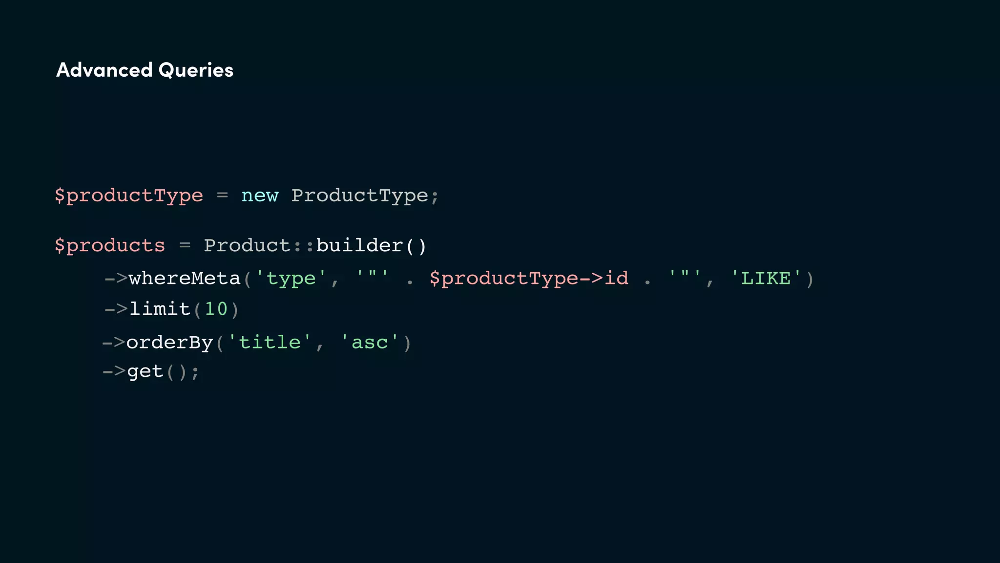 Advanced Queries
$productType = new ProductType;
$products = Product::builder()
->whereMeta('type', '"' . $productType->id . '"', 'LIKE')
->limit(10)
->orderBy('title', 'asc')
->get();
 