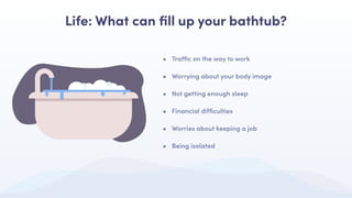 • Traﬃc on the way to work
• Worrying about your body image
• Not getting enough sleep
• Financial diﬃculties
• Worries about keeping a job
• Being isolated
Life: What can ﬁll up your bathtub?
 