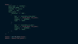 $args = [
'post_type' => 'product',
'posts_per_page' => 10,
'orderby' => 'title',
'order' => 'ASC',
'meta_query' => [
'relation' => 'AND',
[
'key' => 'available_from_date',
'value' => [$from_date, $to_date],
'compare' => 'BETWEEN',
'type' => 'DATE',
],
[
'key' => 'available_to_date',
'value' => [$from_date, $to_date],
'compare' => 'BETWEEN',
'type' => 'DATE',
],
]
];
$query = new WP_Query($args);
$posts = $query->get_posts();
 
