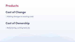 Cost of Change
- Making changes to existing code
Cost of Ownership
- Refactoring, writing tests etc
Products
 