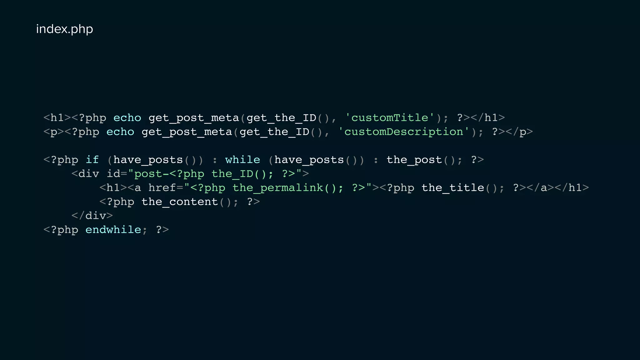 index.php
<h1><?php echo get_post_meta(get_the_ID(), 'customTitle'); ?></h1>
<p><?php echo get_post_meta(get_the_ID(), 'customDescription'); ?></p>
<?php if (have_posts()) : while (have_posts()) : the_post(); ?>
<div id="post-<?php the_ID(); ?>">
<h1><a href="<?php the_permalink(); ?>"><?php the_title(); ?></a></h1>
<?php the_content(); ?>
</div>
<?php endwhile; ?>
 