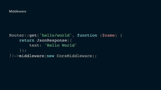 Router::get('hello/world', function ($name) {
return JsonResponse({
text: 'Hello World'
});
});->middleware(new CorsMiddleware);
Middleware
 