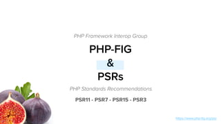 PHP-FIG
& 
PSRs
PHP Framework Interop Group
PHP Standards Recommendations
https://www.php-ﬁg.org/psr
PSR11 - PSR7 - PSR15 - PSR3
 