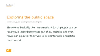 Exploring the public space
social media, public speaking, technical writing etc
This works basically like mass media. A lo...