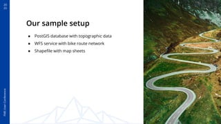 20
22
FME
User
Conference
Our sample setup
● PostGIS database with topographic data
● WFS service with bike route network
● Shapeﬁle with map sheets
 