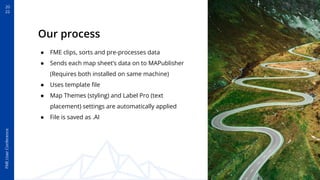 20
22
FME
User
Conference
Our process
● FME clips, sorts and pre-processes data
● Sends each map sheet’s data on to MAPublisher
(Requires both installed on same machine)
● Uses template ﬁle
● Map Themes (styling) and Label Pro (text
placement) settings are automatically applied
● File is saved as .AI
 