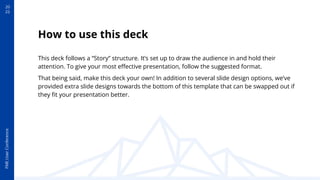 FME
User
Conference
20
22
How to use this deck
This deck follows a “Story” structure. It’s set up to draw the audience in and hold their
attention. To give your most eﬀective presentation, follow the suggested format.
That being said, make this deck your own! In addition to several slide design options, we’ve
provided extra slide designs towards the bottom of this template that can be swapped out if
they ﬁt your presentation better.
 