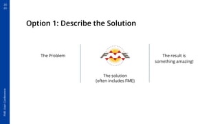 20
22
FME
User
Conference
Option 1: Describe the Solution
The solution
(often includes FME)
The Problem The result is
something amazing!
 