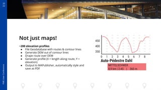 20
22
FME
User
Conference
Not just maps!
~200 elevation proﬁles
● File Geodatabase with routes & contour lines
● Generate DEM out of contour lines
● Drape route over DEM
● Generate proﬁle (X = length along route, Y =
elevation)
● Output to MAPublisher, automatically style and
save as PDF
 