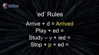 ‘ed’ Rules
Arrive + d = Arrived
Play + ed =
Study – y + ied =
Stop + p + ed =
 