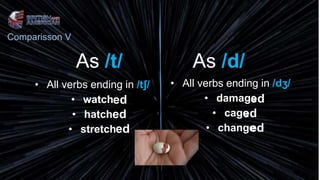 As /t/
• All verbs ending in /tʃ/
• watch
• hatch
• stretch
• All verbs ending in /dʒ/
• damage
• cage
• change
As /d/
ed
ed
ed ed
ed
ed
Comparisson V
 