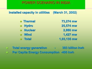 POWER SCENARIO IN INDIA
Installed capacity in utilities (March 31, 2002)
 Thermal 73,274 mw
 Hydro 25,574 mw
 Nuclear 2,860 mw
 Wind 1,427 mw
 Total 1,03,135 mw
 Total energy generation - 383 billion kwh
 Per Capita Energy Consumption -400 kwh
 