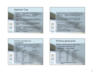 Seymour Cray
 En 1957, junto con otros ingenieros fundó una nueva
compañía denominada Control Data Corporation, en
abreviatura CDC, para la cual construyó el CDC
1604, que fue uno de los primeros ordenadores
comerciales que utilizaron transistores en lugar de
tubos de vacío.
 En 1963, el CDC 6600, batió ampliamente en capacidad de
cálculo y en coste al ordenador más potente de que
disponía IBM en aquella época.
 En el año 1972 fundó Cray Research, con el compromiso de
dedicarse a construir exclusivamente supercomputadores y
además de uno en uno, por encargo.
 CRAY-1 (1976) en el Laboratorio Nacional Los Álamos,
incorporaba el primer ejemplo práctico en funcionamiento
de procesador vectorial, junto con el procesador escalar
más rápido del momento, con una capacidad de
1 millón de palabras de 64 bits y un ciclo de
12,5 nanosegundos. Su coste se situaba en torno a los 10
millones de dólares.
 El CRAY-2, entre 6 y 12 veces más rápido que su
predecesor. Disponible en 1985, disponía de 256 millones
de palabras y 240.000 chips. Su interior se
encontraba inundado con líquido refrigerante.
 En el año 1986, existían en todo el mundo unos 130
sistemas de este tipo, de los cuales
más de 90 llevaban la marca Cray.
 A mediados de los 80 controlaba el 70% del mercado de
la supercomputación. Sin embargo
Seymour Cray se encontraba incómodo, pues la
problemática empresarial le resultaba
escasamente interesante y difícil de soportar.
Cedió la presidencia, y dejó la responsabilidad del
desarrollo tecnológico de la línea CRAY-2 a Steve
Chen, que concibió y construyó los
primeros multiprocesadores de la firma,
conocidos como serie X-MP.
Primeros prototipos de
investigación
 Eran equipos que variaban desde arquitecturas SIMD,
SIMD/MIMD o completamente MIMD. Los principios
usados para la construcción de estos equipos
fueron útiles para las siguientes
generaciones.
Máquina Control Lugar y Fecha
Illiac IV SIMD Universidad de Illinois, 1968
MPP SIMD Goodyear AeroSpace, 1980
HEP MIMD Finales de los 70’s
PASM SIMD/MIMD Universidad Pardue, 1980
TRAC SIMD/MIMD U.T. Austin, 1977
NYU Ultra MIMD NYU, 1983
RP3 MIMD IBM, 1983
Cosmic Cube MIMD Caltech, 1980
Tabla 1. Primeras computadoras
paralelas
Primera generación
 Estas computadoras fueron en
principio proyectos de
empresas comerciales.
Máquina Control Lugar y Fecha
NCUBE-1 MIMD NCUBE, 1988
GP1000 MIMD BBN, 1985
Balance MIMD Sequent, 1985
FX/8 Propio Alliant, 1985
iPSC/1 MIMD Intel, 1985
SUPRENUM MIMD GMD FIRST, 1985
MP-1 SIMD MasPar, 1985
CM-2 SIMD TMC, 1985
GF11 SIMD IBM, 1986
Tabla 2. Primera generación de computadoras
paralelas
2
 