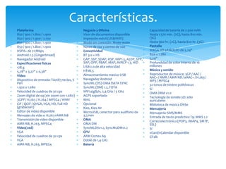 Características.
Plataforma                                   Negocio y Oficina                         Capacidad de batería de 2.500 mAh
850 / 900 / 1.800 / 1.900                    Visor de documentos disponible            Hasta 1.570 min. (2G), hasta 810 min.
850 / 900 / 1.900 / 2.100                    Impresión móvil (USB/WiFi)                (3G)
850 / 900 / 1.800 / 1.900                    Modo sin conexión: Modo avión             Hasta 960 hr. (2G), hasta 820 hr. (3G)
850 / 900 / 1.800 / 1.900                    Notas de voz y correo de voz              Pantalla
HSPA+ de 21 Mbps                             Conectividad                              WXGA HD sAMOLED de 5,29"
Android 2.3 (Gingerbread)                    BT 3.0 + HS                               800 x 1.280
Navegador Android                            GAP, SSP, SDAP, HSP, HFP1.5, A2DP, SPP,   5,29"
Especificaciones físicas                     SAP, OPP, PBAP, MAP, AVRCP 1.3, HID       Profundidad de color interna de 16
178 g                                        USB 2.0 de alta velocidad                 millones
5,78" x 3,27" x 0,38"                        HTML5                                     Música y sonido
Video                                        Almacenamiento masivo USB                 Reproductor de música: 3GP / AAC /
                                             Navegador Android                         AAC+ / AMR / AMR-NB / eAAC+ / H.263 /
Dispositivo de entrada: Táctil/3 teclas, S                                             MP3 / MPEG4
Pen                                          SyncML (DS) OMA DATA SYNC                 32 tonos de timbre polifónicos
1.920 x 1.080                                SyncML (DM) 1.2, FOTA                     Sí
Velocidad de cuadros de 30 cps               WiFi a/g/b/n, 2,4 GHz / 5 GHz             OMA DRM v1.0
Zoom digital de x4 (sin zoom con 1.080)      AGPS soportado                            Tecnología de sonido 3D: sólo
3GPP / H.263 / H.264 / MPEG4 / WMV           MHL                                       auriculares
CIF / QCIF / QVGA, VGA, HD, Full HD          Opcional                                  Biblioteca de música DNSe
(grabación)                                  Kies, Kies Air                            Mensajería
Editor de video disponible                   MicroUSB, conector para audífono de       Mensajería: SMS/MMS
Mensajes de vide o: H.263+AMR NB             3,5 mm                                    Entrada de texto predictivo T9: MMS 1.2
Transmisión de video disponible              OMA                                       Correo electrónico (POP3, IMAP4, SMTP,
AMR-NB, H.263, MPEG4                         OMA DM                                    SSL)
Video(2ed)                                   SyncMLDSv1.2, SyncMLDMv1.2                Sí
VGA                                          CPU                                       vCard/vCalendar disponible
Velocidad de cuadros de 30 cps               ARM Cortex A9                             GTalk
VGA                                          Doble de 1,4 GHz
AMR-NB, H.263, MPEG4                         Batería
 